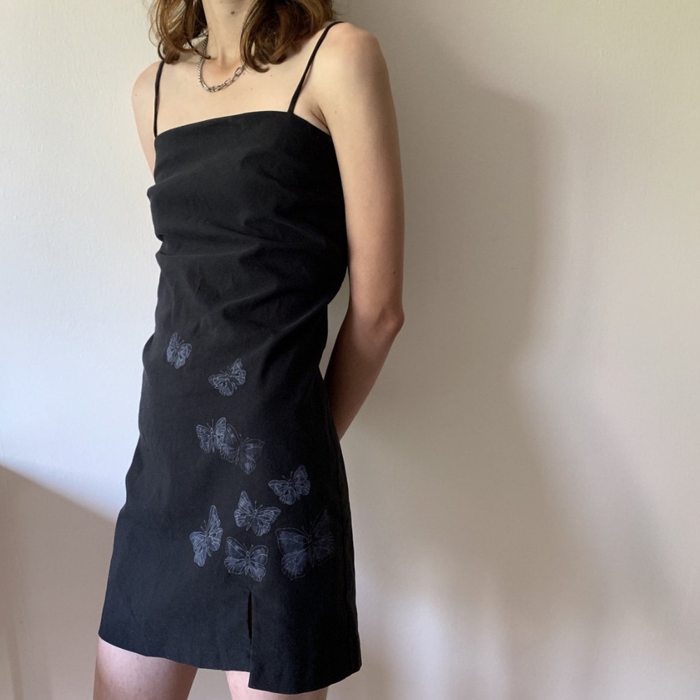 90s black mini dress with butterflies